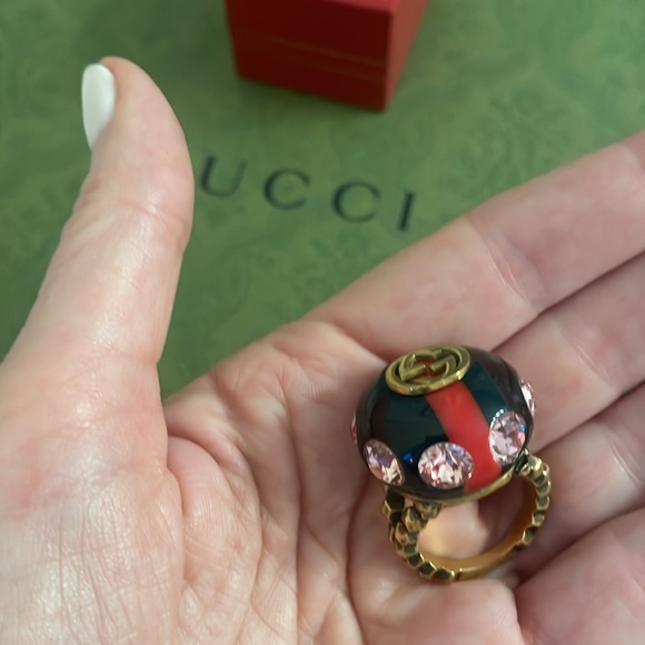 Gucci interlocking GG Dome Ring Sherry Line Red and Green with pink crystals - Picture 7 of 7